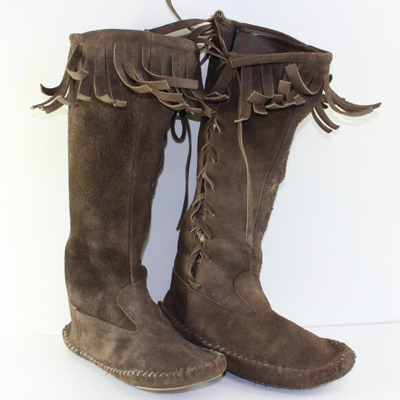 Handmade Vintage Brown Leather Suede Tall Moccasin Shoes (11 US) - Picture 1 of 14